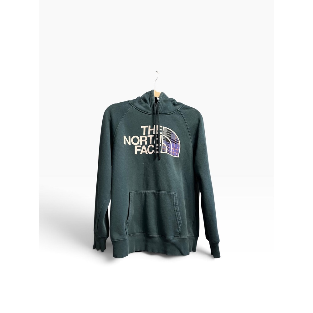 The North Face Womens Green Plaid Logo Pullover Hoodie Sweatshirt Medium